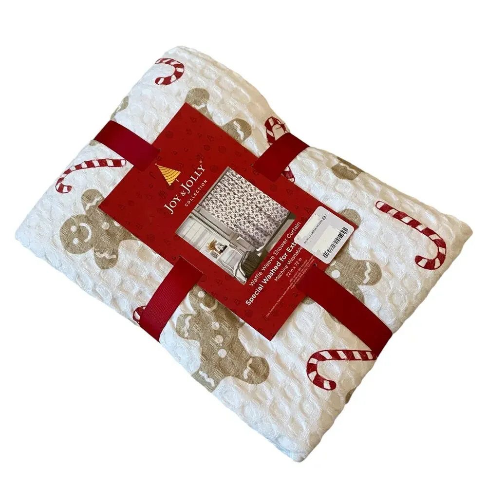 Joy & Jolly GINGERBREAD Shower Curtain 72x72 Christmas Candy Cane Waffle Weave